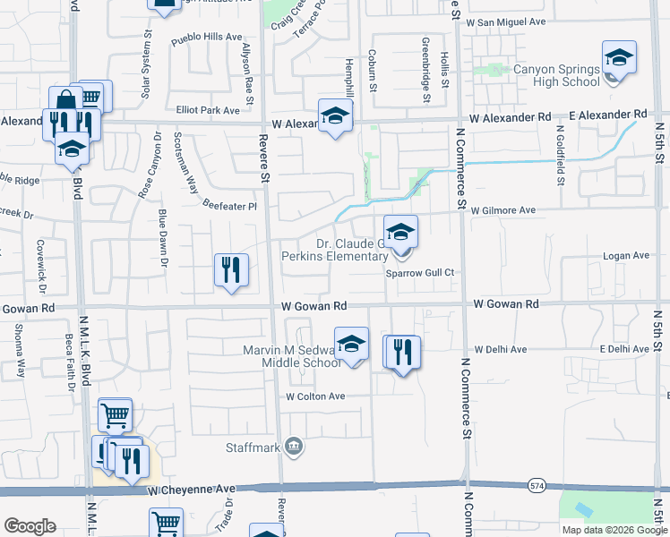 map of restaurants, bars, coffee shops, grocery stores, and more near 3642 Penny Cross Drive in North Las Vegas