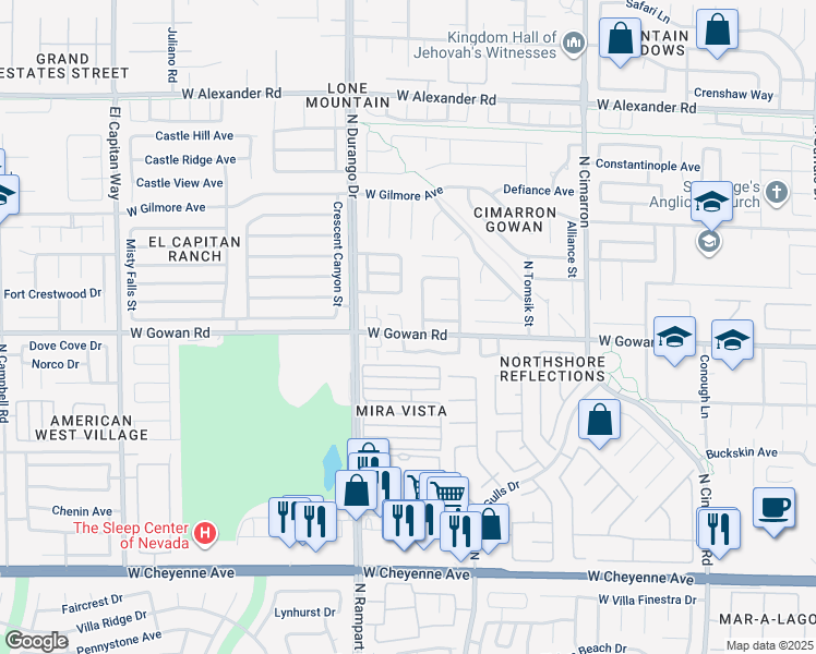 map of restaurants, bars, coffee shops, grocery stores, and more near 3600 North Porch Swings Way in Las Vegas