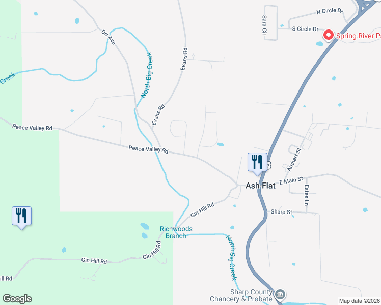 map of restaurants, bars, coffee shops, grocery stores, and more near 102 Peace Valley Road in Ash Flat