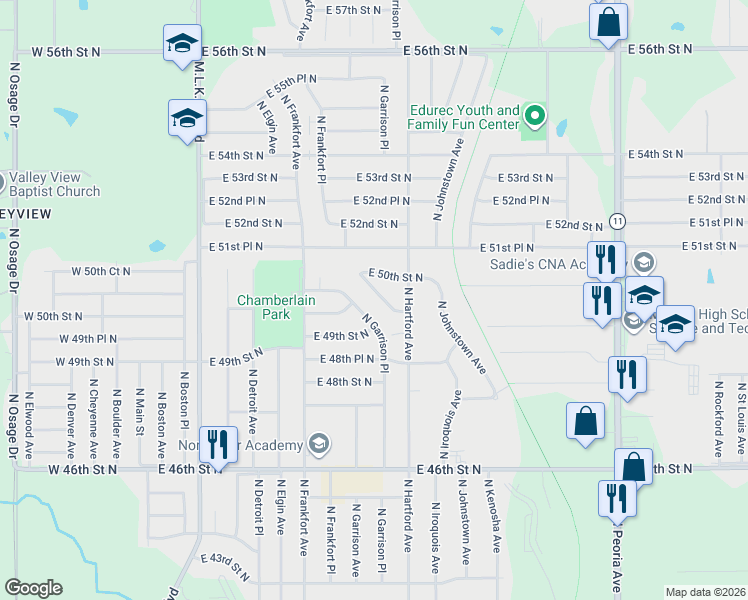 map of restaurants, bars, coffee shops, grocery stores, and more near 622 East 49th Place North in Tulsa