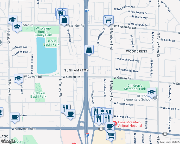 map of restaurants, bars, coffee shops, grocery stores, and more near 3600 Monarcas Street in Las Vegas