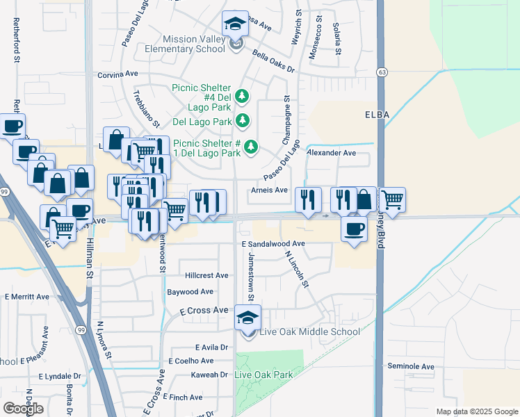 map of restaurants, bars, coffee shops, grocery stores, and more near 1741 Malvasia Avenue in Tulare