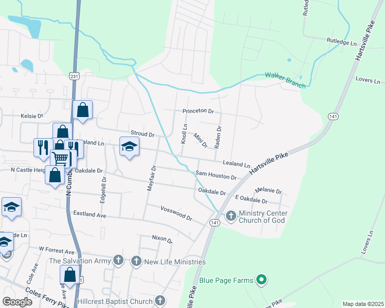 map of restaurants, bars, coffee shops, grocery stores, and more near 419 Lealand Lane in Lebanon