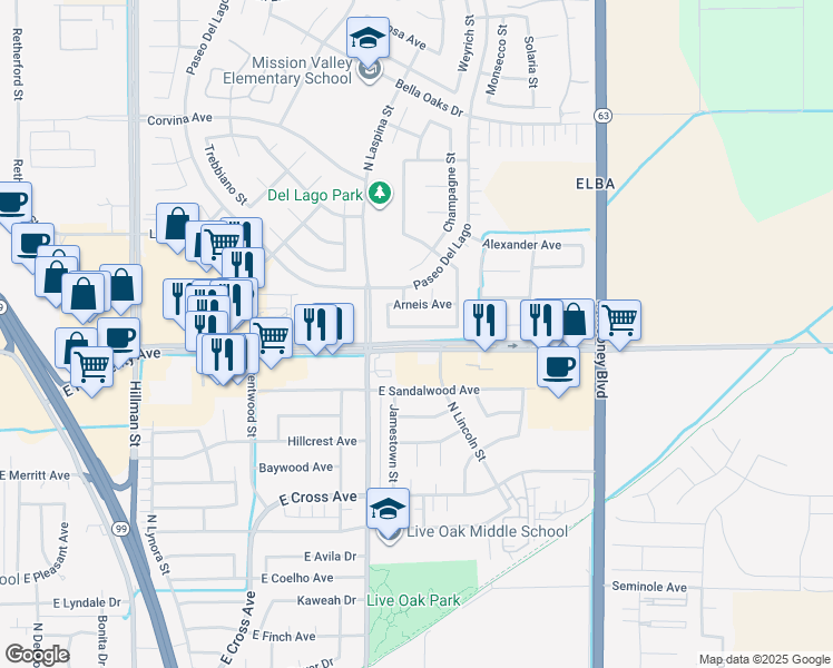 map of restaurants, bars, coffee shops, grocery stores, and more near 1741 Malvasia Avenue in Tulare