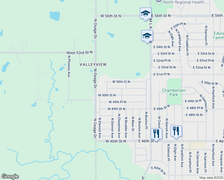 map of restaurants, bars, coffee shops, grocery stores, and more near 150 West 50th Place North in Tulsa