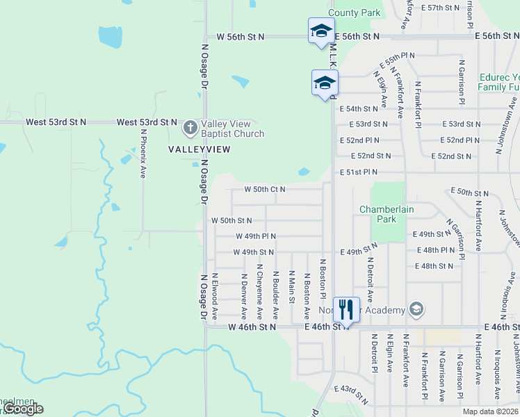 map of restaurants, bars, coffee shops, grocery stores, and more near 136 East 50th Place North in Tulsa