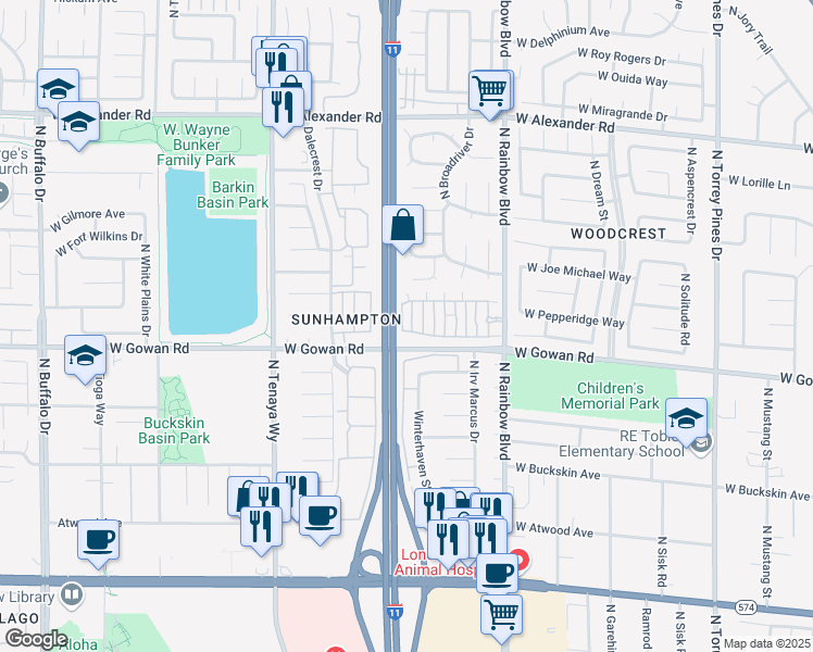 map of restaurants, bars, coffee shops, grocery stores, and more near 3600 Monarcas Street in Las Vegas