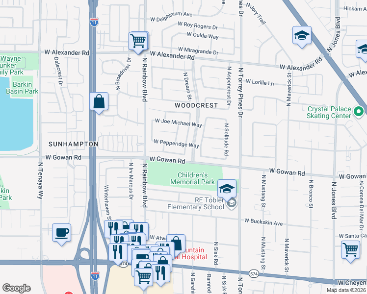 map of restaurants, bars, coffee shops, grocery stores, and more near 6537 West Pepperidge Way in Las Vegas