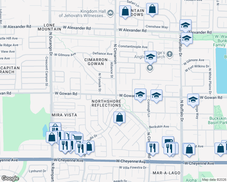 map of restaurants, bars, coffee shops, grocery stores, and more near 3600 Alliance Street in Las Vegas