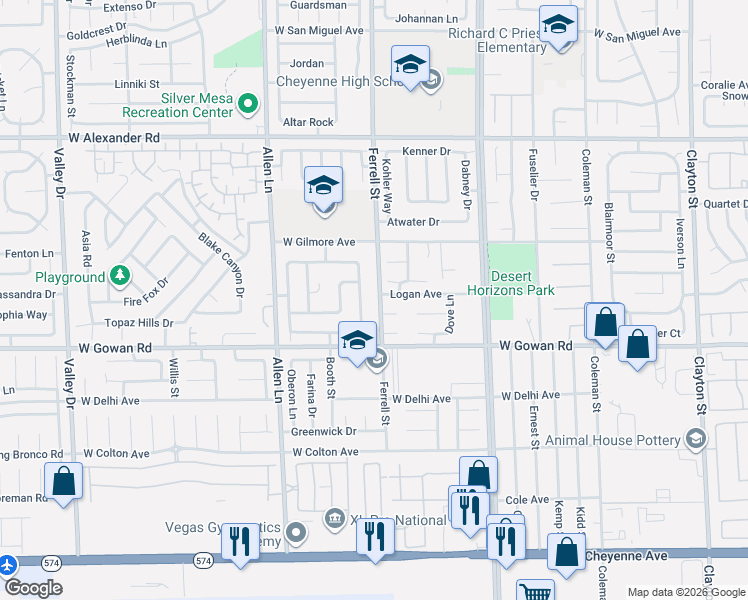 map of restaurants, bars, coffee shops, grocery stores, and more near 3638 Newton Falls Street in North Las Vegas