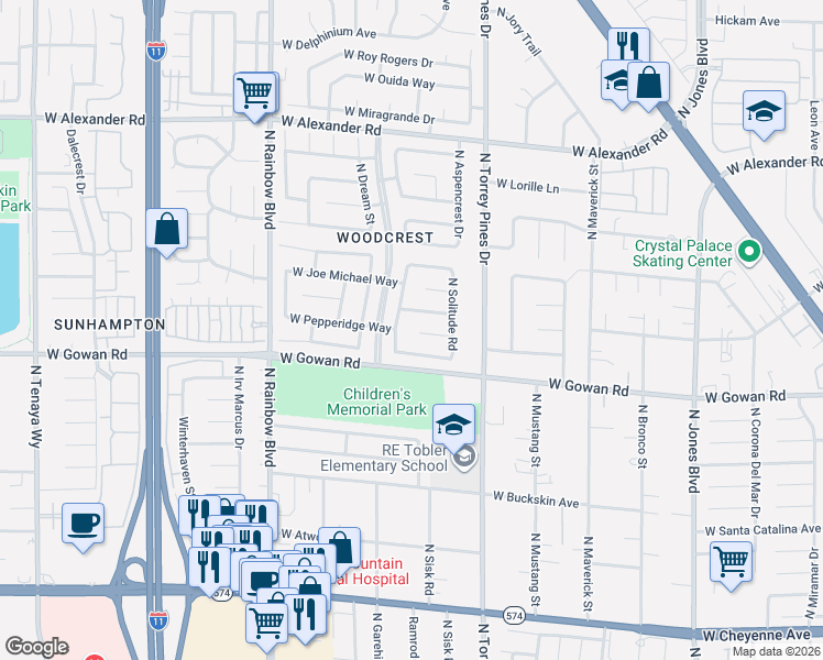 map of restaurants, bars, coffee shops, grocery stores, and more near 3620 North Broxburn Street in Las Vegas