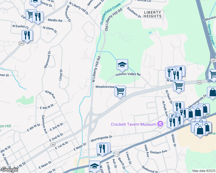 map of restaurants, bars, coffee shops, grocery stores, and more near 1625 Meadowview Lane in Morristown