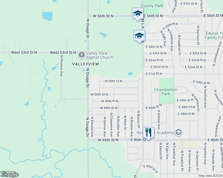 map of restaurants, bars, coffee shops, grocery stores, and more near 136 East 50th Place North in Tulsa