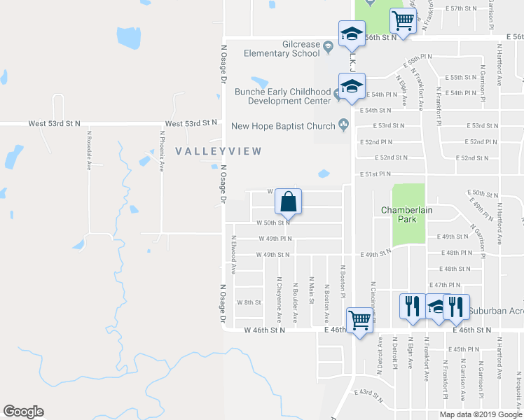 map of restaurants, bars, coffee shops, grocery stores, and more near 136 East 50th Place North in Tulsa