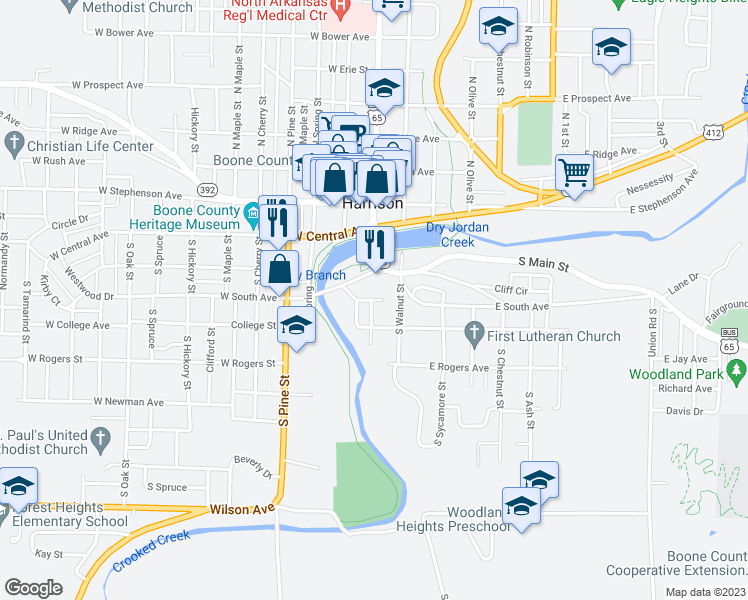 map of restaurants, bars, coffee shops, grocery stores, and more near South East in Harrison