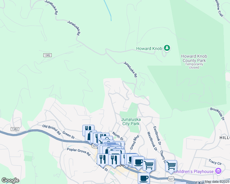 map of restaurants, bars, coffee shops, grocery stores, and more near 477 Junaluska Road in Boone