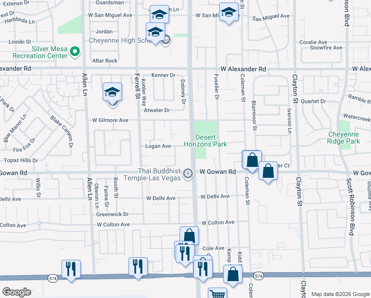 map of restaurants, bars, coffee shops, grocery stores, and more near Logan Avenue in North Las Vegas