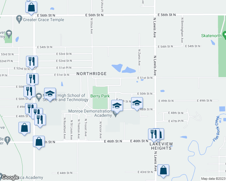 map of restaurants, bars, coffee shops, grocery stores, and more near 1913 East 50th Street North in Tulsa
