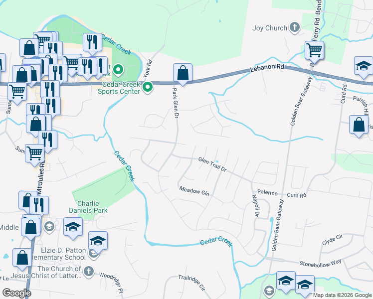 map of restaurants, bars, coffee shops, grocery stores, and more near 493 Creek Point in Mount Juliet