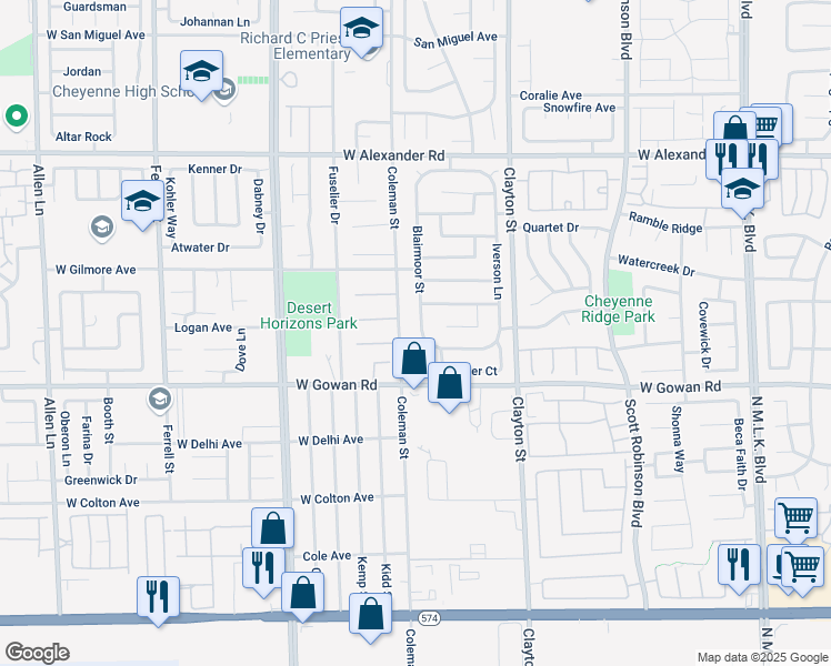 map of restaurants, bars, coffee shops, grocery stores, and more near 3645 Blairmoor Street in North Las Vegas