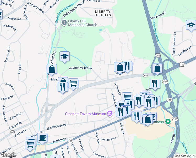 map of restaurants, bars, coffee shops, grocery stores, and more near 1906 Holston Valley Road in Morristown
