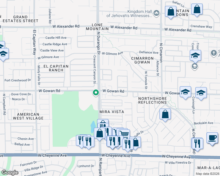 map of restaurants, bars, coffee shops, grocery stores, and more near 3605 North Porch Swings Way in Las Vegas