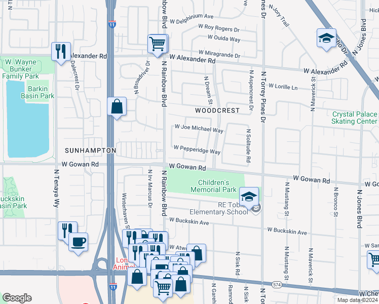 map of restaurants, bars, coffee shops, grocery stores, and more near 6609 West Pepperidge Way in Las Vegas