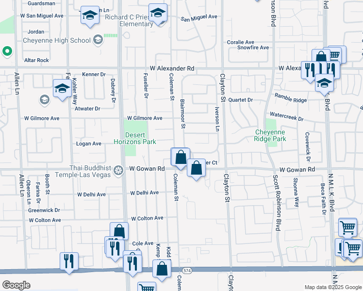 map of restaurants, bars, coffee shops, grocery stores, and more near 3645 Blairmoor Street in North Las Vegas