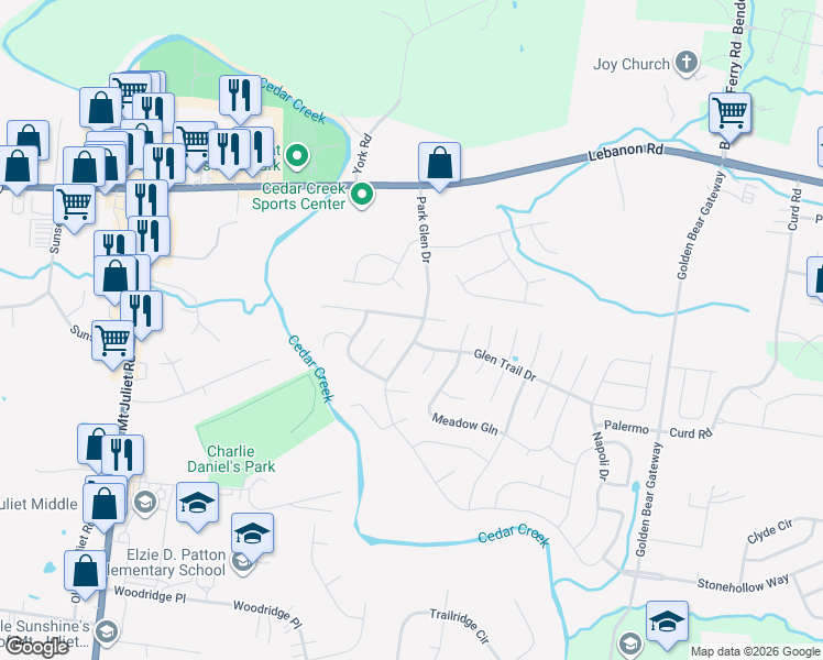map of restaurants, bars, coffee shops, grocery stores, and more near 302 Park Glen Drive in Mt. Juliet