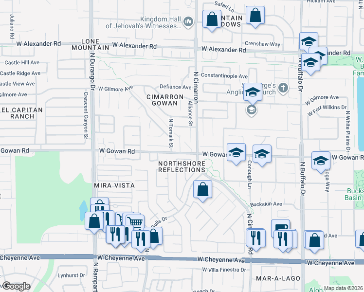 map of restaurants, bars, coffee shops, grocery stores, and more near 3600 Alliance Street in Las Vegas