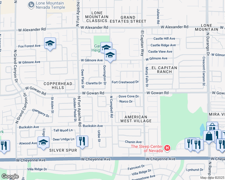 map of restaurants, bars, coffee shops, grocery stores, and more near 3614 North Campbell Road in Las Vegas