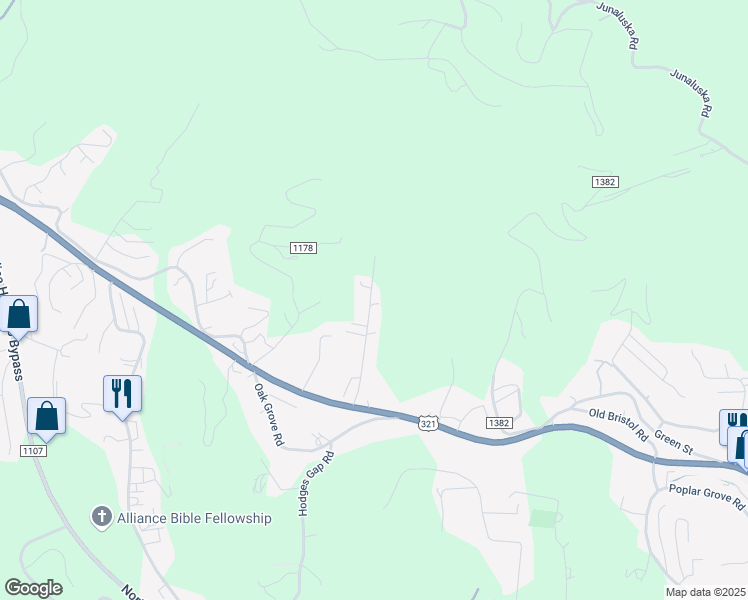 map of restaurants, bars, coffee shops, grocery stores, and more near 1368 Highland Hall Road in Boone
