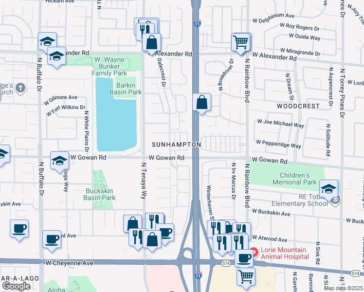 map of restaurants, bars, coffee shops, grocery stores, and more near 3636 Angela Robin Street in Las Vegas