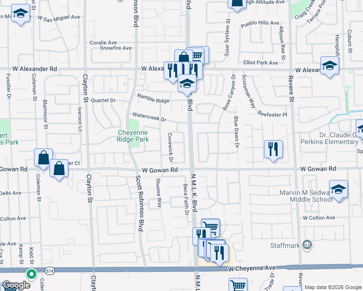 map of restaurants, bars, coffee shops, grocery stores, and more near 1519 Bradfox Lane in North Las Vegas
