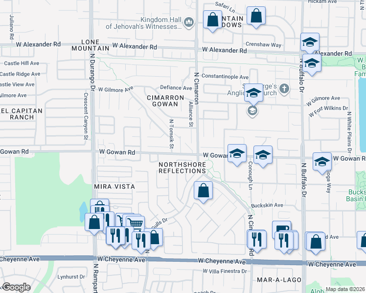 map of restaurants, bars, coffee shops, grocery stores, and more near 3600 Alliance Street in Las Vegas