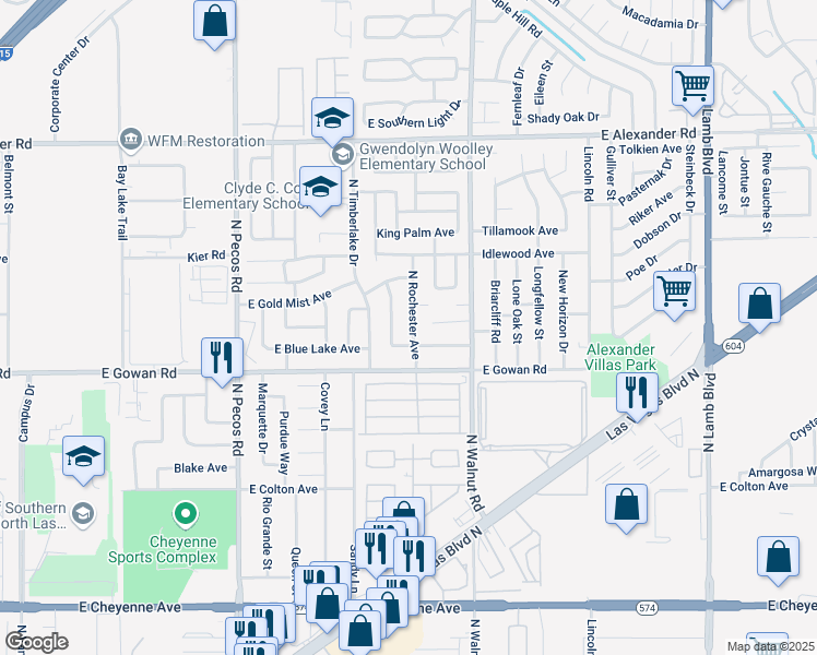map of restaurants, bars, coffee shops, grocery stores, and more near 3675 Rochester Avenue in Las Vegas
