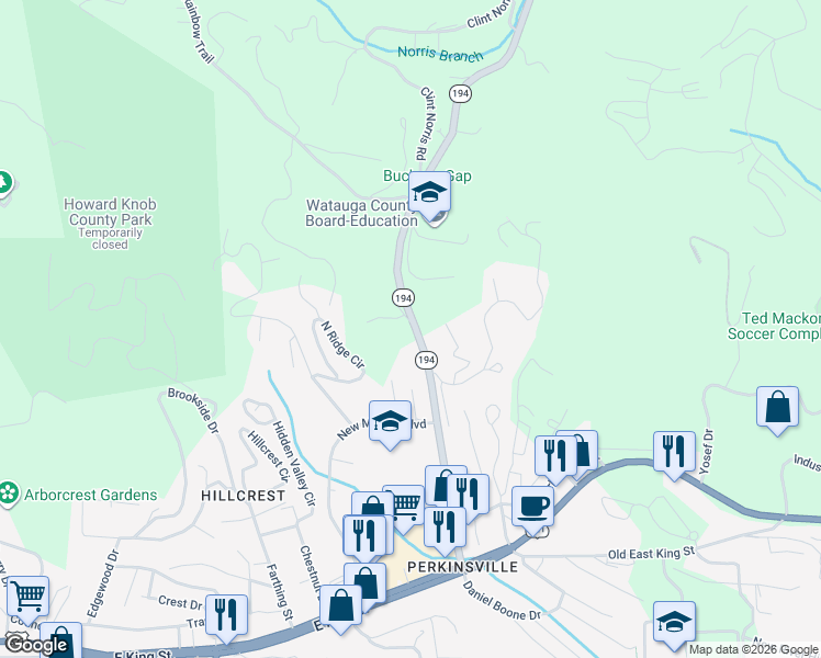 map of restaurants, bars, coffee shops, grocery stores, and more near 657 North Carolina 194 in Boone