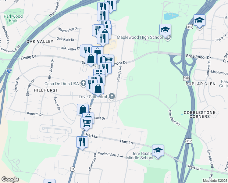 map of restaurants, bars, coffee shops, grocery stores, and more near 3008 Hillside Road in Nashville