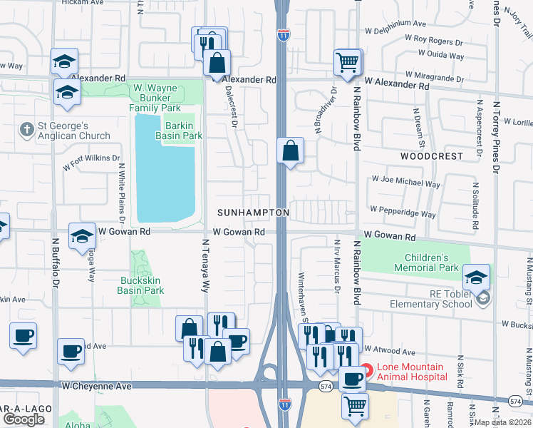 map of restaurants, bars, coffee shops, grocery stores, and more near 3636 Angela Robin Street in Las Vegas