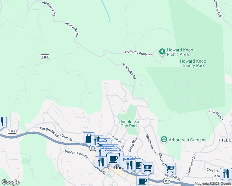 map of restaurants, bars, coffee shops, grocery stores, and more near 477 Junaluska Road in Boone