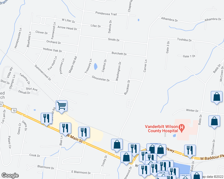 map of restaurants, bars, coffee shops, grocery stores, and more near 702 Washington Drive in Lebanon