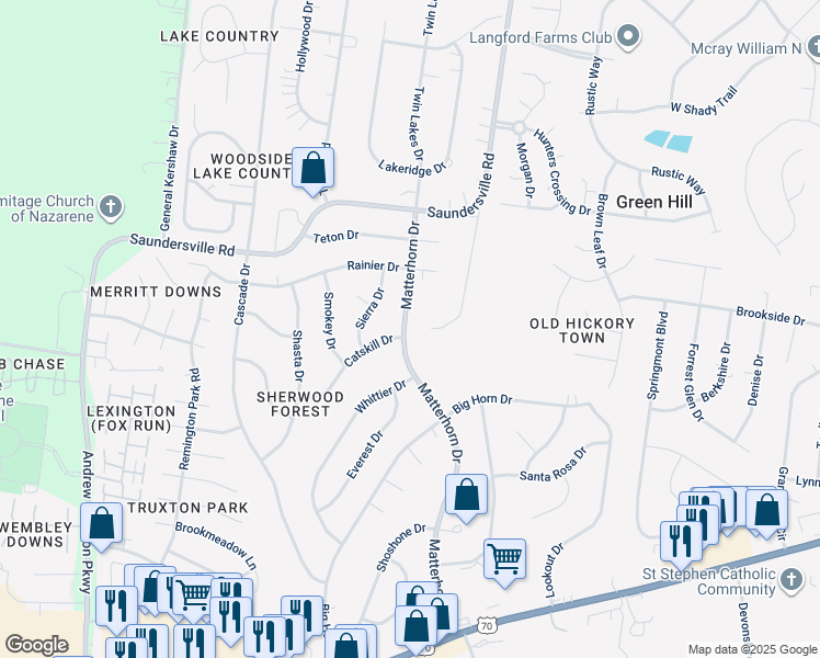 map of restaurants, bars, coffee shops, grocery stores, and more near 4841 Matterhorn Drive in Green Hill