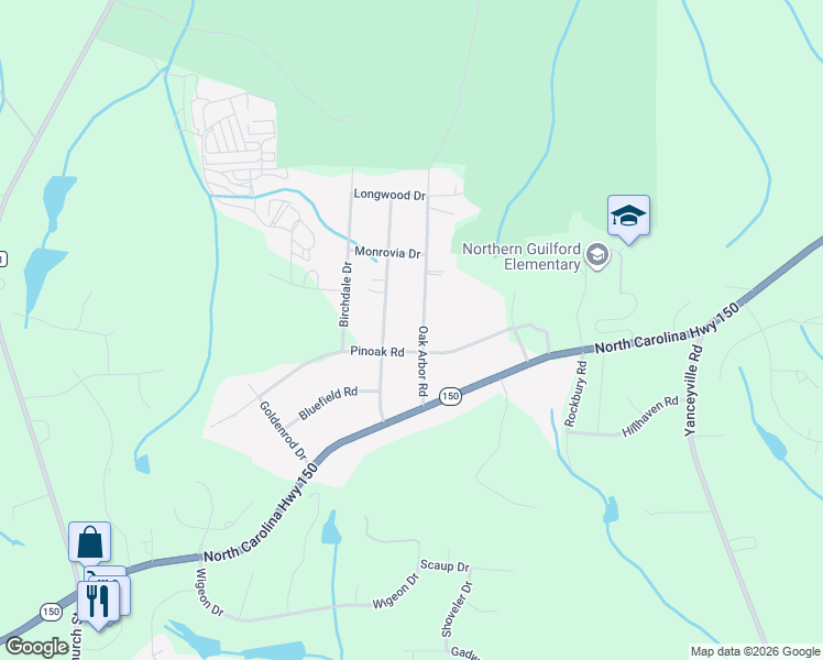 map of restaurants, bars, coffee shops, grocery stores, and more near 8103 Oak Arbor Road in Greensboro