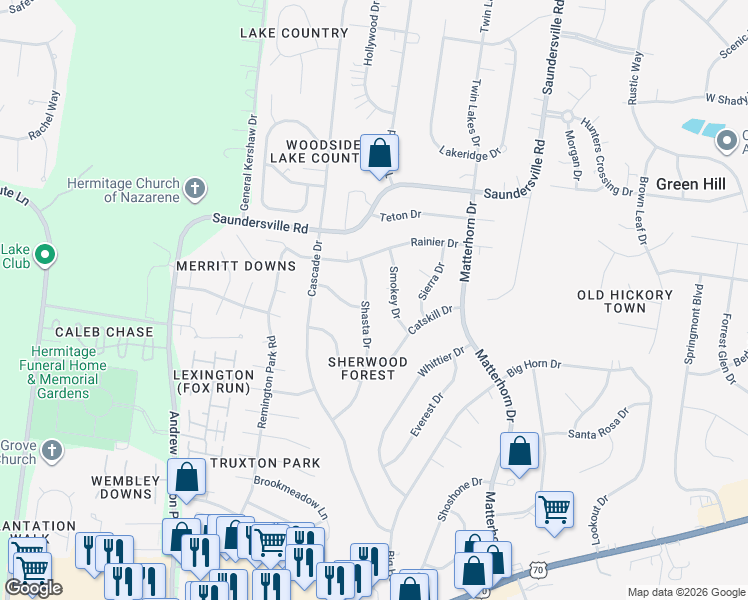 map of restaurants, bars, coffee shops, grocery stores, and more near 4869 Shasta Drive in Nashville