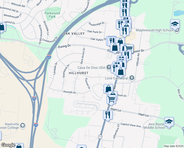 map of restaurants, bars, coffee shops, grocery stores, and more near 2928 Hillhurst Dr in Nashville