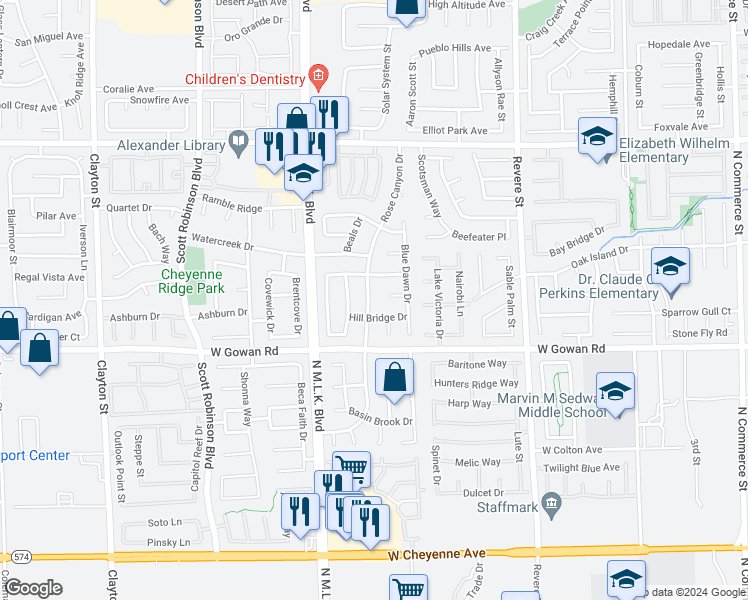 map of restaurants, bars, coffee shops, grocery stores, and more near 3702 Rose Canyon Drive in North Las Vegas