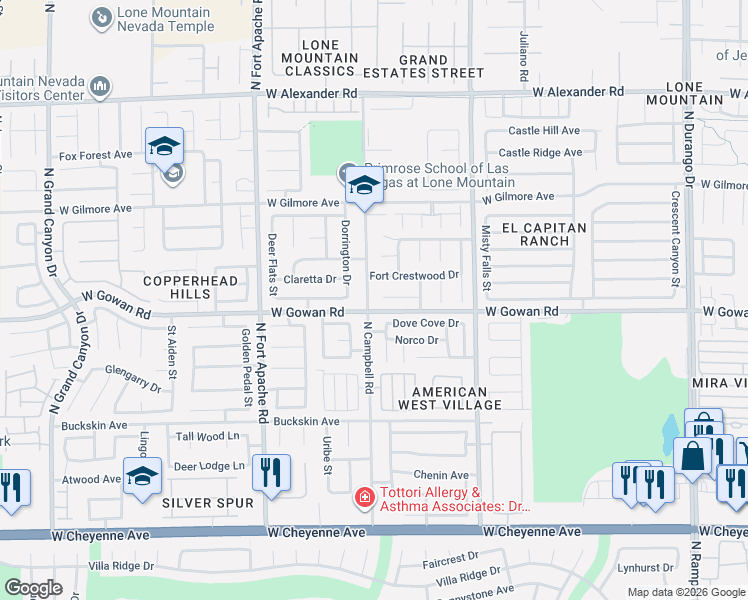 map of restaurants, bars, coffee shops, grocery stores, and more near 3614 North Campbell Road in Las Vegas
