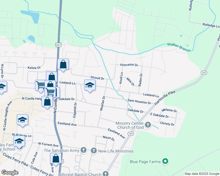 map of restaurants, bars, coffee shops, grocery stores, and more near 404 Lealand Lane in Lebanon