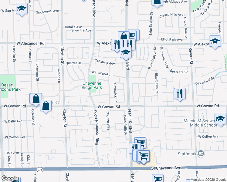 map of restaurants, bars, coffee shops, grocery stores, and more near 3705 Covewick Drive in North Las Vegas