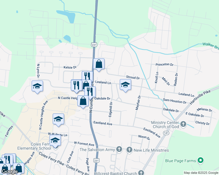 map of restaurants, bars, coffee shops, grocery stores, and more near 1110 Edgehill Drive in Lebanon